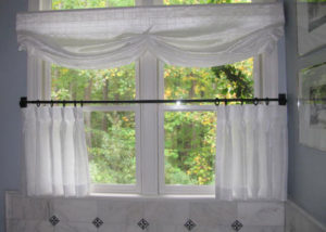 bathroom white sheer cafe curtains with sheer valance on transom window Raleigh