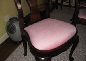 Pink velvet cushion on a Raleigh dining room chair