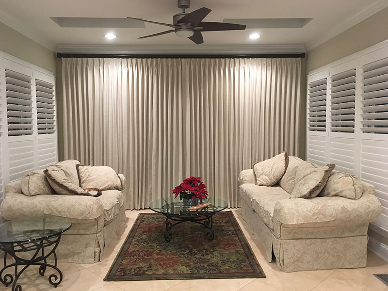 Sunroom-Functional-Euro-Pleated-Linen-Drapes-Traverse-rod-plantation-shutters