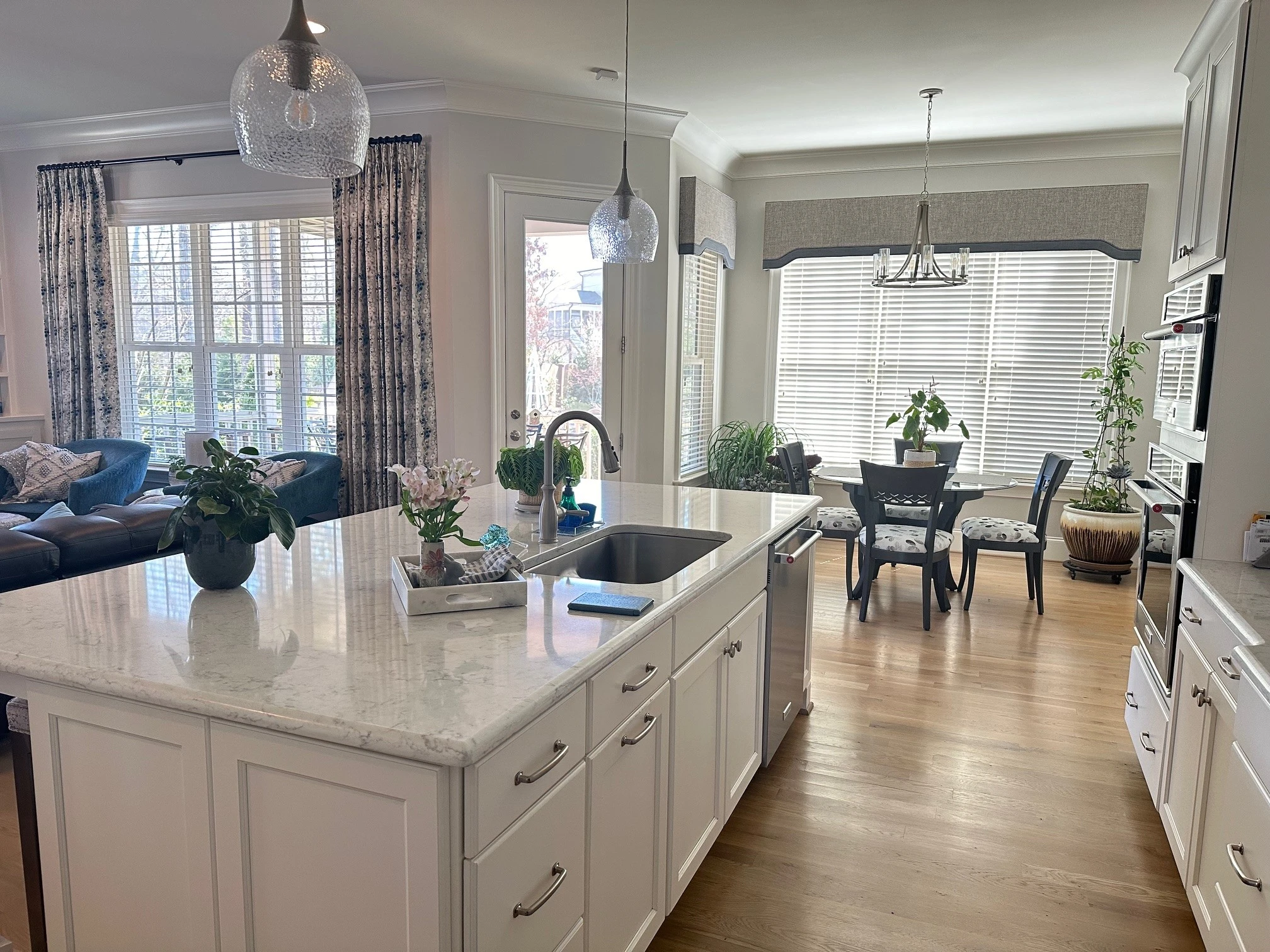 Open Concept living area with custom draperies and valance
